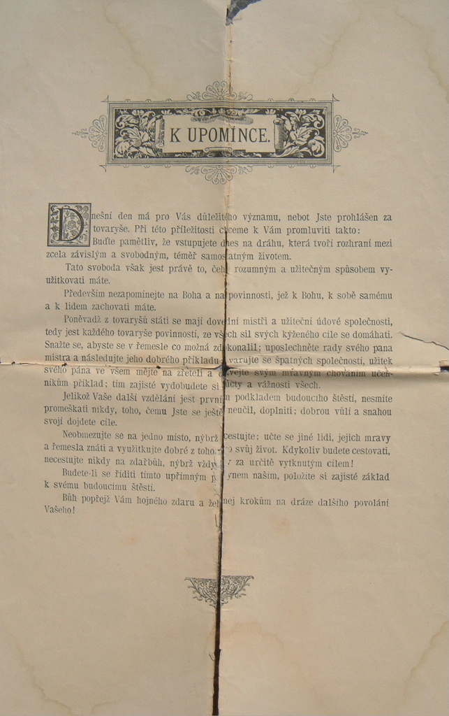 Historický dokument výuční list kovářský